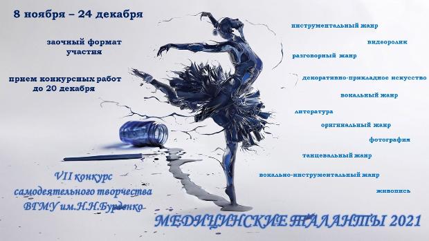 Открыт приём заявок на VII конкурс самодеятельного творчества ВГМУ им. Н.Н. Бурденко «Медицинские таланты 2021»